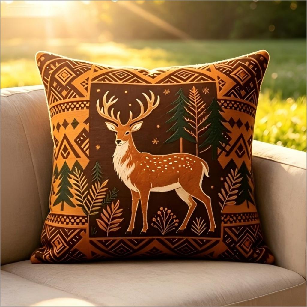 Doppelseitige Kissenhülle Premium Karamellbrauner Stoff Stilvolles Rentier-Tannenbaum-Design Für Sofa Heimdekoration