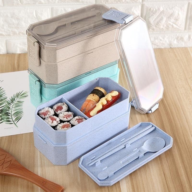 1pcs Wheat Straw Double Lunch Box Student Lunch Box Cutlery Set Insulation Lunch Box Meal Prep Containers  Lunch Box for Office
