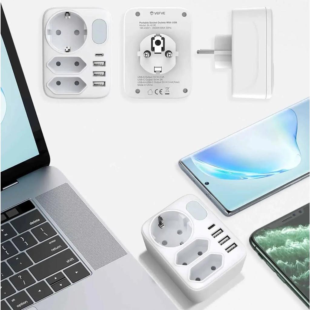 EU Konverterstecker Wandsteckdosenverlängerung mit 3 USB A+Typ C Ladeanschlüssen Deutschland Spanien Multi-Steckdosen-Netzteil für zu Hause