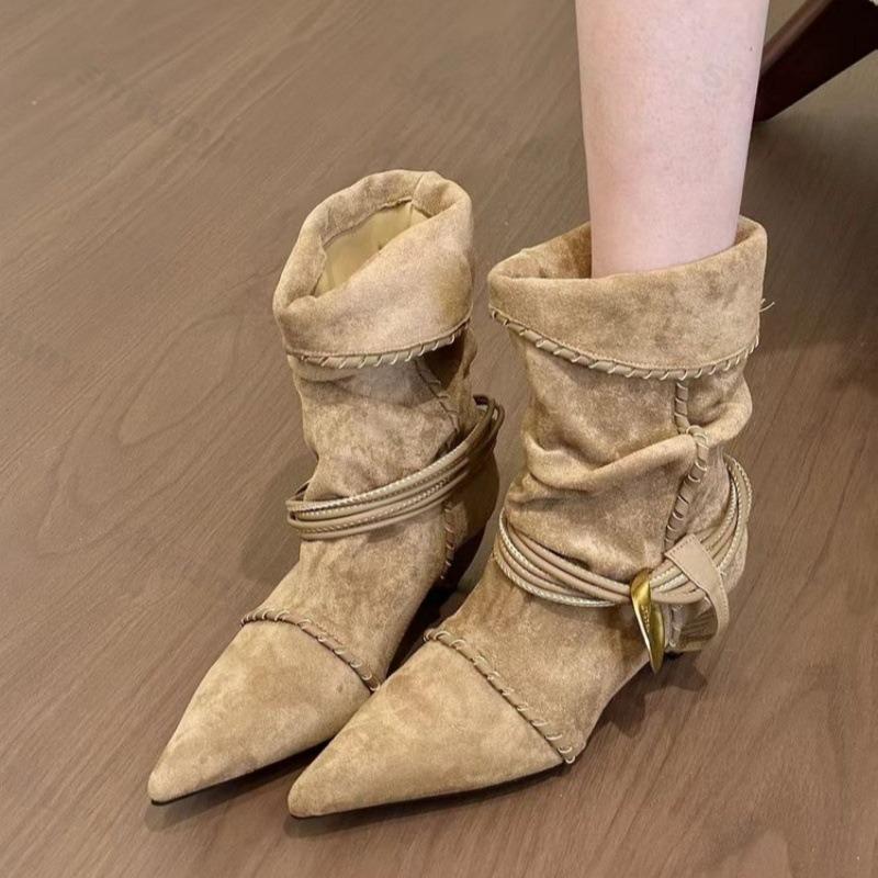 Woman Ankle Boots 2026 New Autumn Suede Leather Pleated Women Pointed Toe Western Cowboy Boots Fashion Short Luxury Woman Boots
