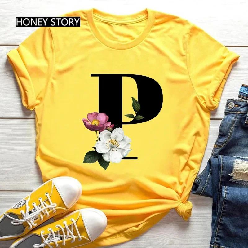 Women's Summer Short Sleeve T-Shirts Fashionable Casual Round Neck 26 English Letters Flower & Name Letter Printed Cotton T-shirts