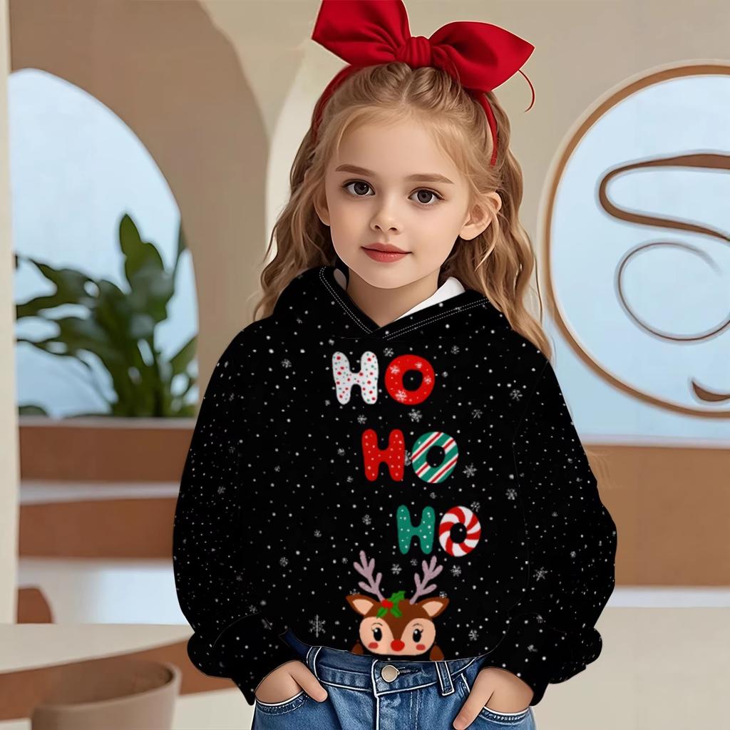Autumn and Winter Children's Christmas 3D Printed Hooded Fashionable Versatile Trend Breathable Casual Hoodies & Sweatshirts (Girls)