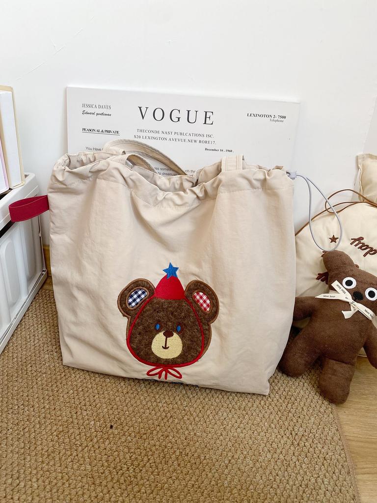 Cute Retro Embroidered Bear Nylon Women's Shoulder Bags Fashion Large Capacity Ladies Handbag Versatile Female Shopping Bag