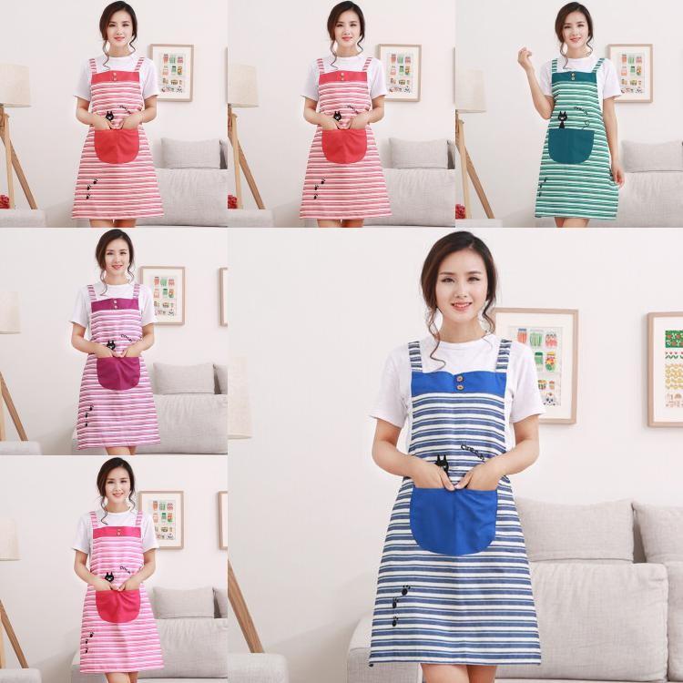 New Cute Home Womens Kitchen Restaurant Bib Cooking Aprons Pockets Striped Apron