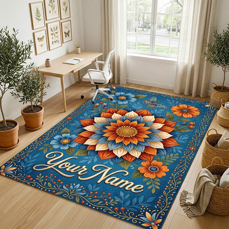 Floral Theme Soft Crystal Velvet Rug Custom Name & Text Print Non Slip Floor Rug for Bedroom Living Room
