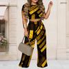 Women Plus Size Yellow Black Printed Round Neck Short Sleeve Crop Top Wide Leg Pants Two Piece Set