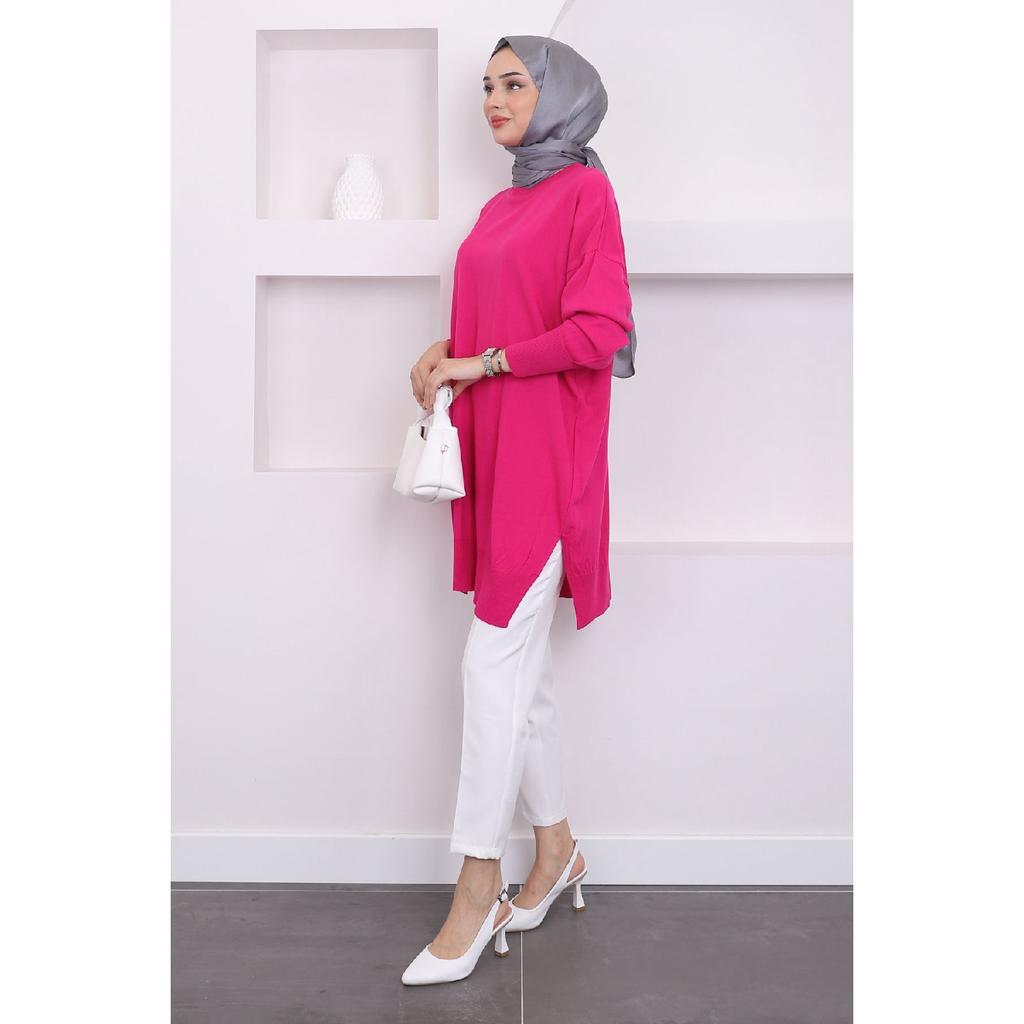 Dark Fuchsia Crew Neck Thin Mercerized Loose Knitwear Tunic