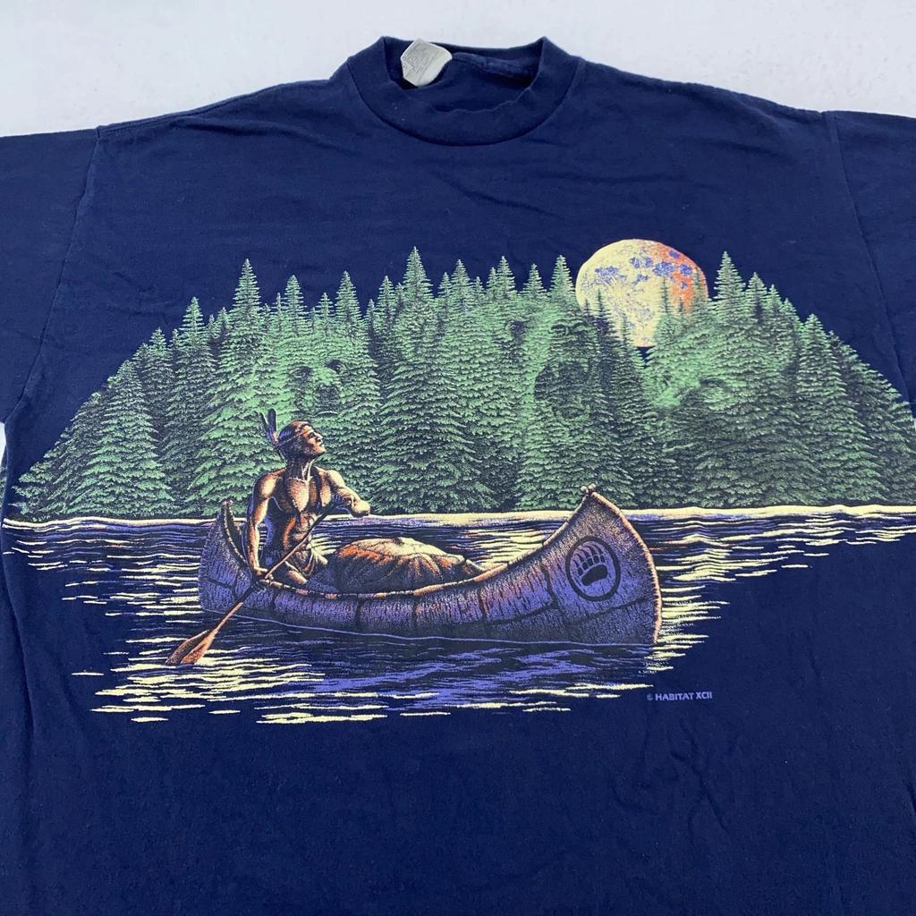 Vintage Habitat Shirt Mens Large Forest Canoe Native American Graphic 90s Tee