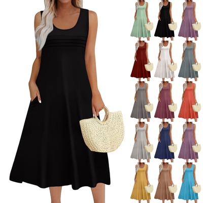 Women's Fashion Round Neck Sleeveless Pleated Beach Dress With Pockets Long Solid Color Dresses