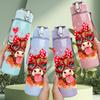 1PC Bull Cow Flower Wreath Cartoon Print 750ml Color Plastic Sports Water Bottle Leakproof Flip Straw Lid Suitable for Sports Office Home Use