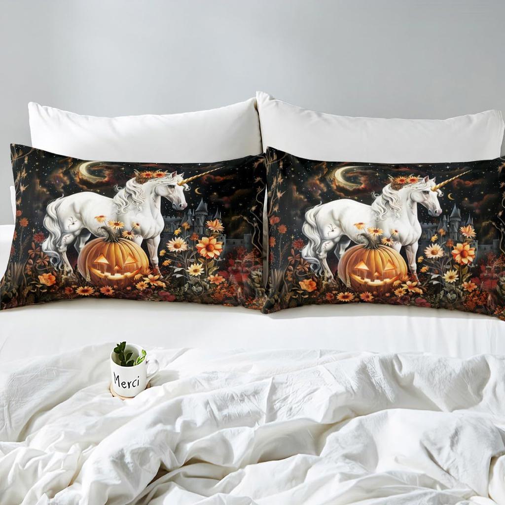 Halloween Pumpkin Unicorn Personality Pattern Mattress Three-Piece Digital Printing Bedding Set
