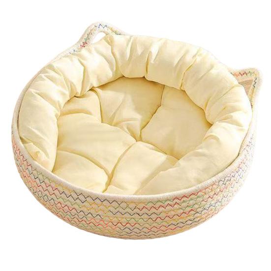 Cat Bed Basket Cotton Rope Pet Bed with Cat Ear Design Handwoven Sleeping Basket for Cats Puppies Rabbits Small Pets