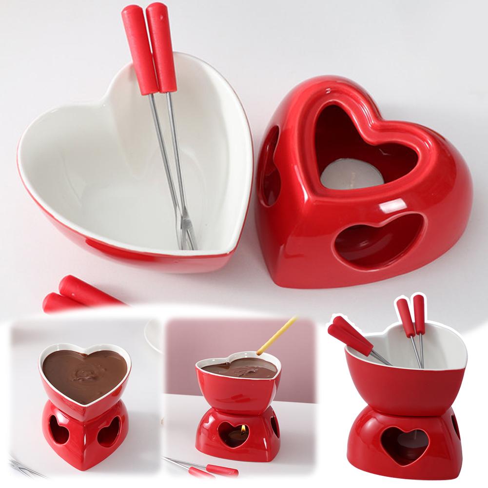 Romantic Heart-Shaped Ceramic Fondue Pot Set Red & White Dessert/Cheese Melting Versatile Chocolate Dipping Bowl For Ice Cream