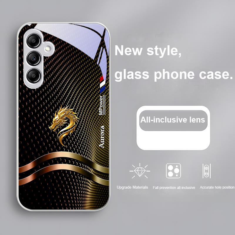 Glass Phone Case For Samsung Galaxy A01 A02 03 Core A04 A14 4G A13 A54 34 31 20 25 23 22 5G S21 Ultra S20 Blue Golden Dragon