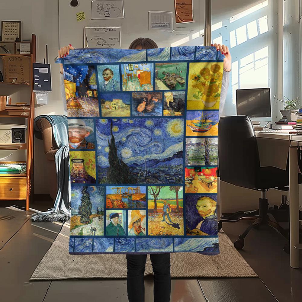 1Pc Van Gogh Painting Print Flannel Blanket, High Quality Comfortable for All Seasons, Home Decor, Warmth and Comfort, Perfect for Christmas Gifts