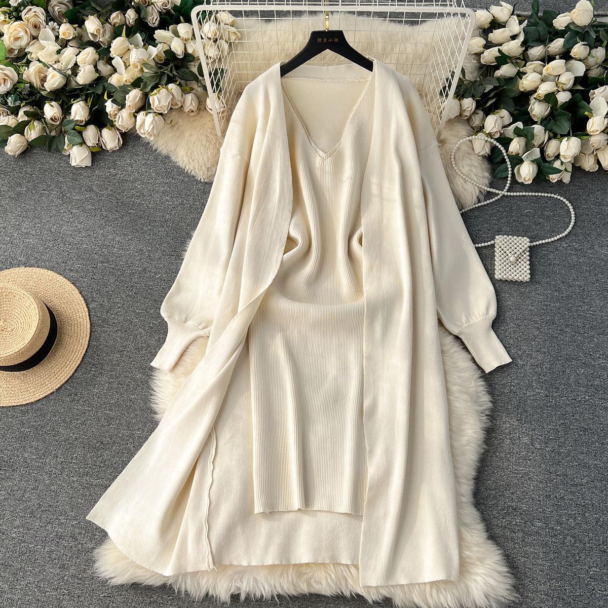 

Французский элитный однотонный вязаный модный костюм, комплект из двух предметов, женское осеннее платье-комбинация с v-образным вырезом + свободная тонкая куртка с длинными рукавами One Size белый