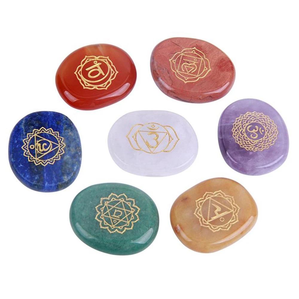 7 Chakra Symbol Crystal Stones Set Natural Reiki Healing Crystal Bulk Palm Polished Pocket Gemstones for Meditation Balancing