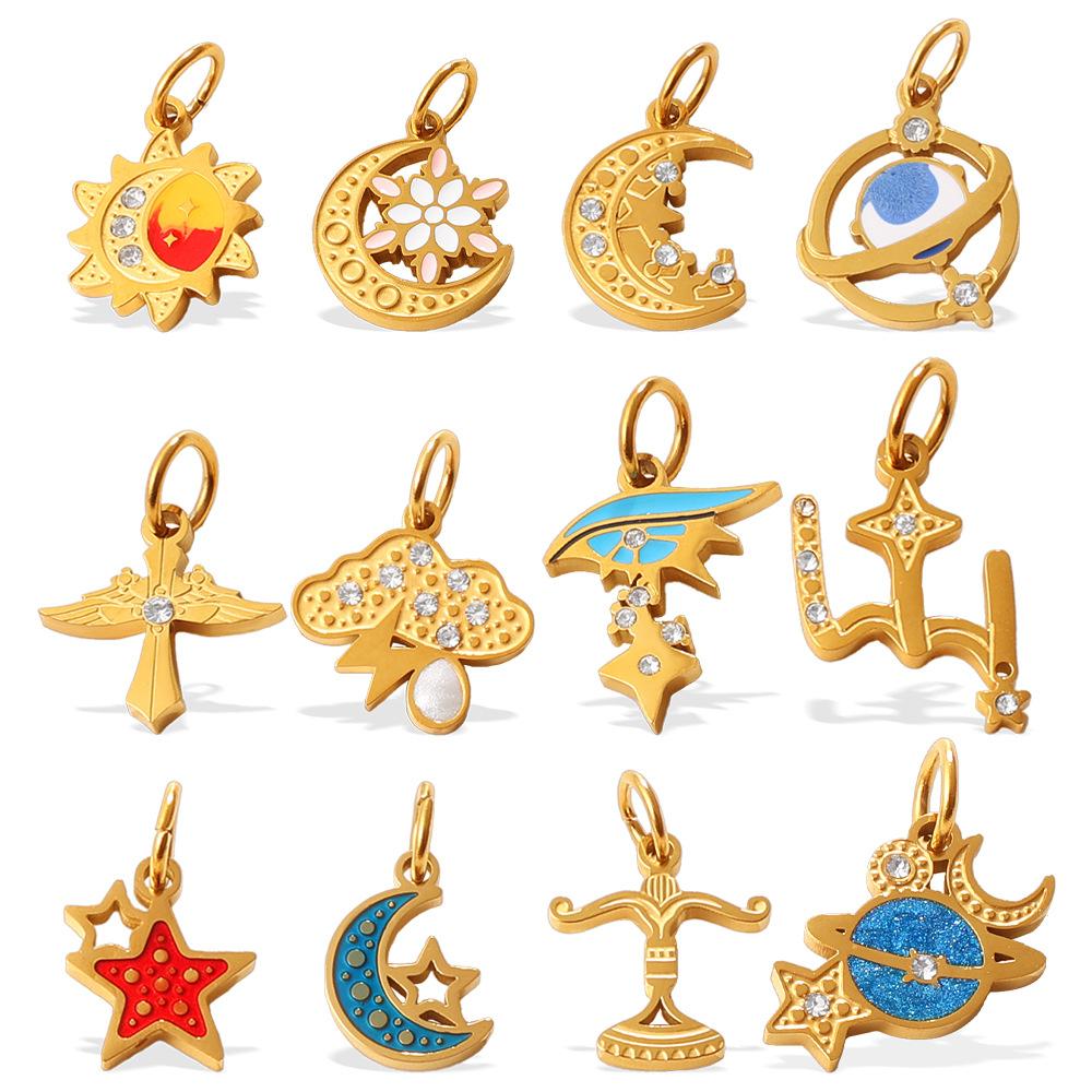Niche Gold Star Moon Sun Planet Pendant Fashion Versatile Oil Drip Diamond Personalized Accessories