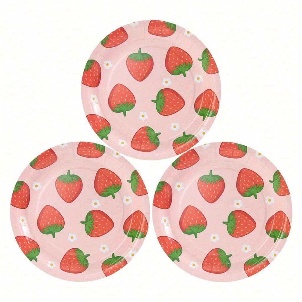 Flower & Strawberry Pattern Paper Plates, Party Supplies, Disposable Plates Fit for 24 Guests, for Party Decoration, Birthday, Gift-Giving