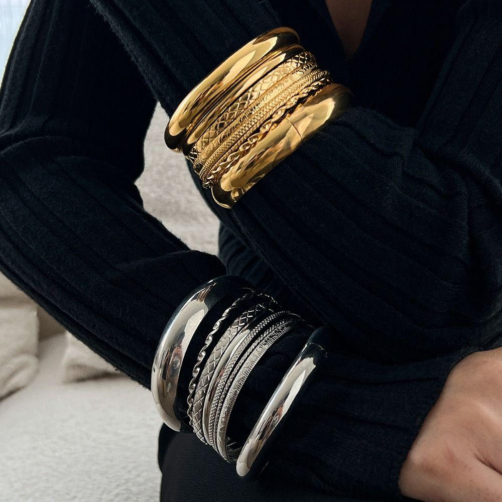 3/4/6/8Pcs Chunky Punk Metal Bracelets Multilayer Smooth Bracelet Set  Friends Birthday Gift