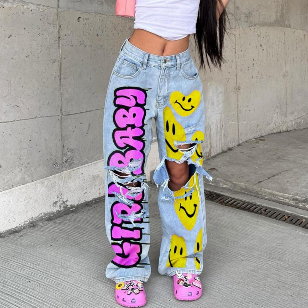 Women's High Waist Loose Fit Cargo Jeans Pants Streetwear Casual Wide Leg Denim
