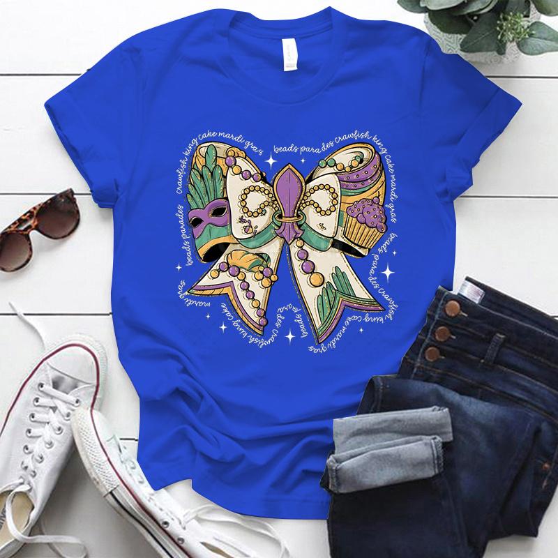 Mardi Gras Coquette Bow Design Tshirt Women Mardi Gras Vibes Vintage T Shirt Crew Neck Fat Tuesday Carnival Bow Shirt for Women