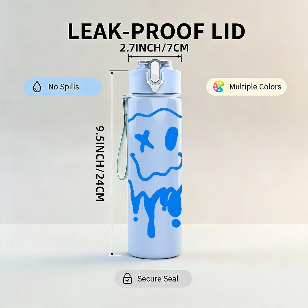 1PC Drippy Smile Melting Face Print 750ml Color Plastic Sports Water Bottle Leakproof Flip Straw Lid Suitable for Sports Office Home Use