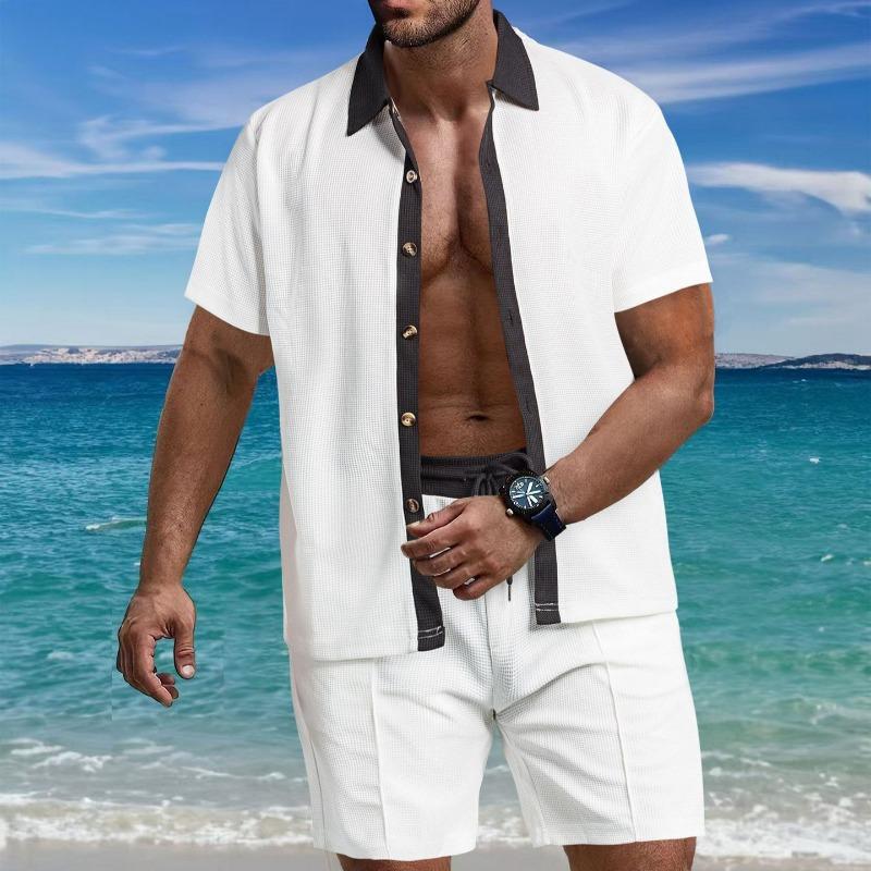 Mens Casual Color Block Breathable Thin Beach Shirt Shorts Set