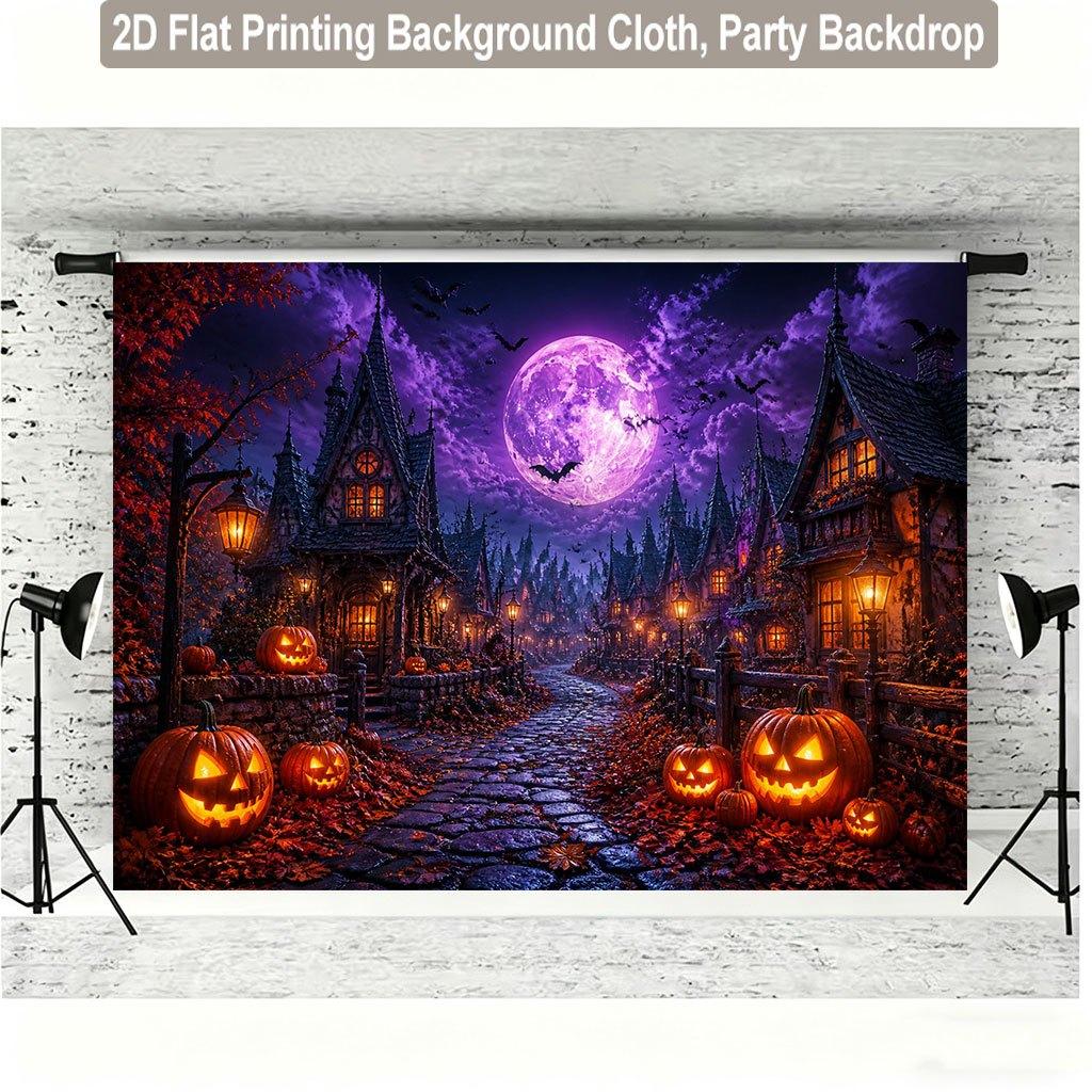 2D flat printing background banner 1 piece per pack. Halloween village with glowing pumpkin background fabric.zyc