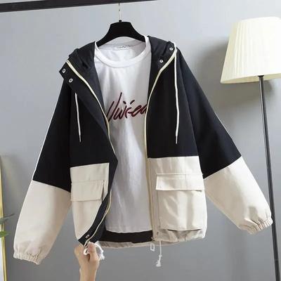 Jaqueta feminina de manga comprida com zíper, primavera e outono, patchwork, cor solta, com capuz, terno de beisebol