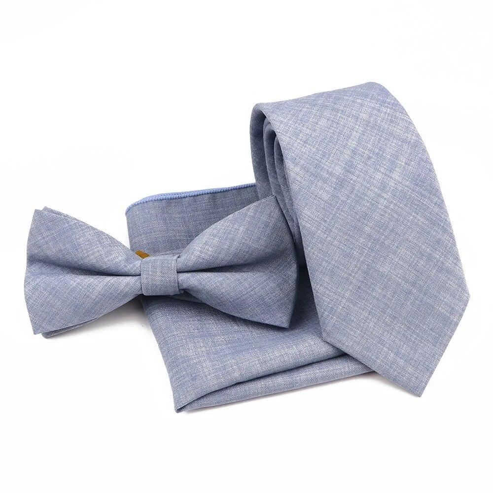 Men Fashion Solid Color Cotton Tie Bowtie Handkerchief Set Wedding Party Butterfly Necktie
