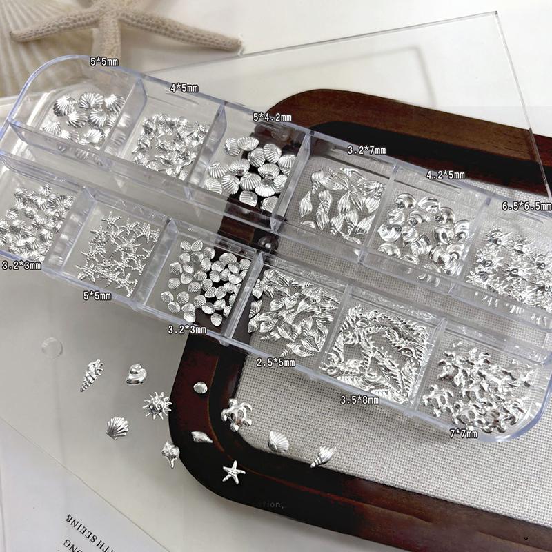 

12 Grids/Box Sea Series Nail Art Starfish Seahorse Multi Shapes Gold Silver Metal Rivet Charms For Acrylic Nails серебряный
