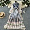Vintage Sukienka Maxi w Kwiatowy Wzór dla Kobiet Luksusowa Perłowa Zdobiona Rozkloszowany Rękaw Plisowana Sukienka Elegancka Długa na Imprezę Gość Weselny Bohema Suknia