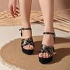 Female Shoes 2024 Plus Size Women's Sandals Super High Dress Sandal Women Print Round Toe Buckle Strap Chunky Heel Shoes Women