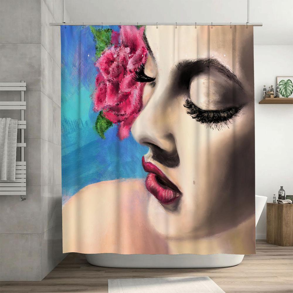 Luxury Watercolor Art Print Shower Curtain for Bathroom Decor Pink Rose Beauty Girl Design (Size: 72x84inches)