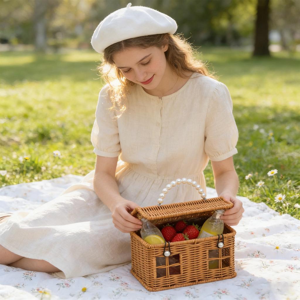 This Plastic Rattan House-shaped Basket, With A Lid And Folding Handle, Is Perfect For Picnics, Easter, Tidying Up, And Other Occasions.