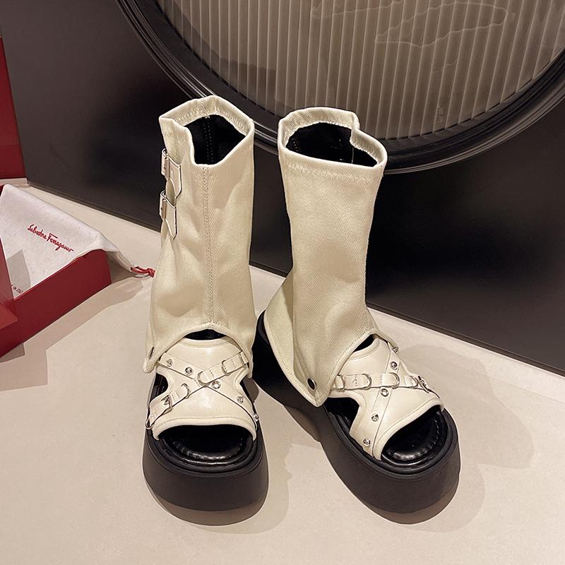 

Модные ботинки на платформе с двумя вариантами носки для женщин на лето, с круглым носком, открытым носком, платформой, металлической пряжкой, ботильоны 40 бежевый