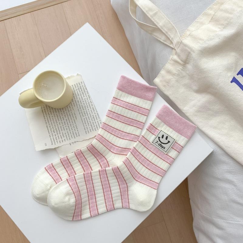 Cartoon Smiley Face Cloth Label Thin Breathable Socks Striped Casual Pile Socks