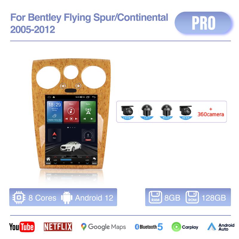 12.1Inch For Bentley Flying Spur/Continental 2005-2012 Android12 MediaCarPlayer GPS Navigation 8Core 8+256G CarPlay 4G 360Camera