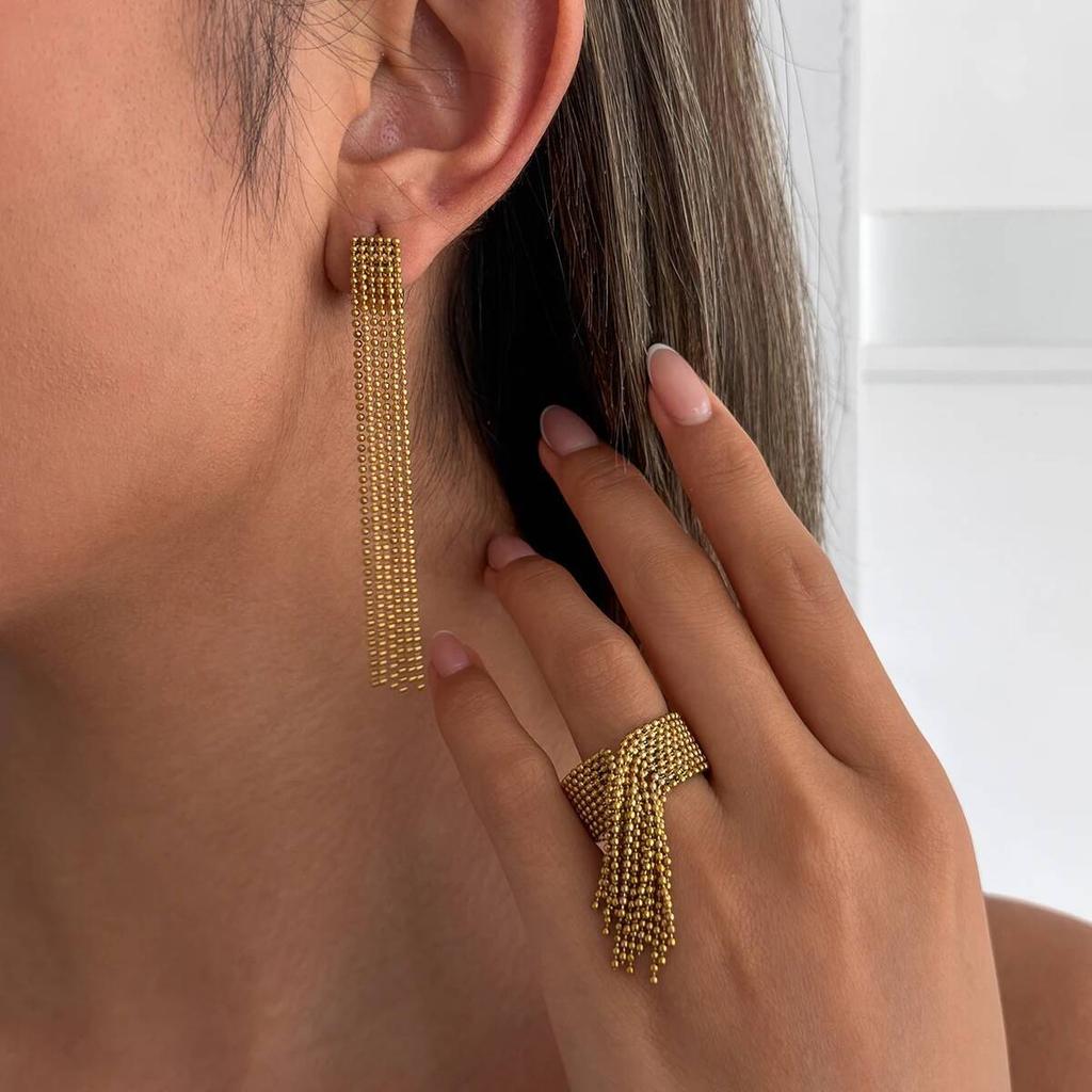 SHIXIN Fashion Exquisite Stainless Steel Long Tassel Earrings Rings Women Charm Geometric 18K Gold Plated Set Waterproof Jewelry