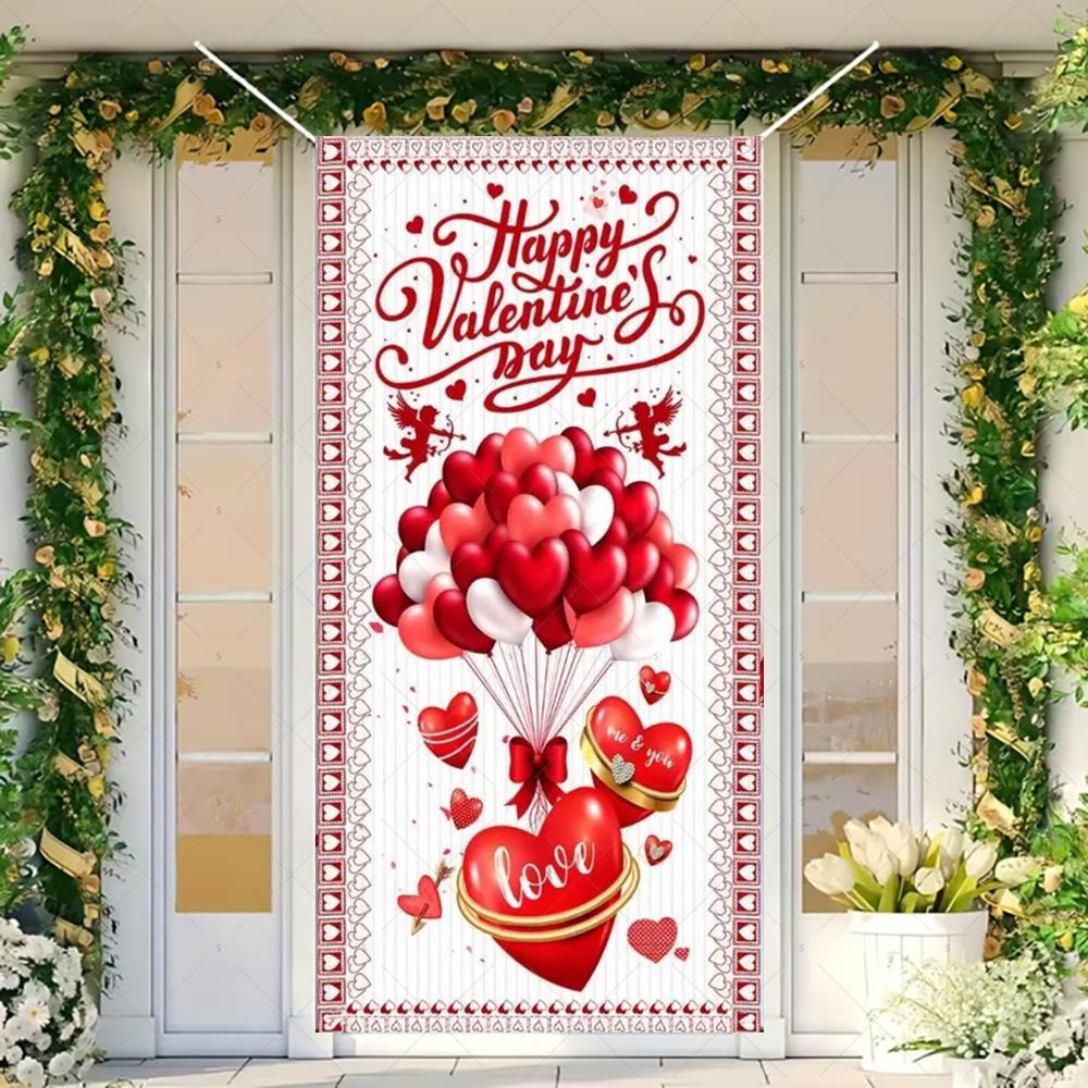 

Valentines Day Theme Door Cover Backdrop Supplies Cupid Bear Love Heart Background Balloon Party Decoration Photography Props 120X60CM