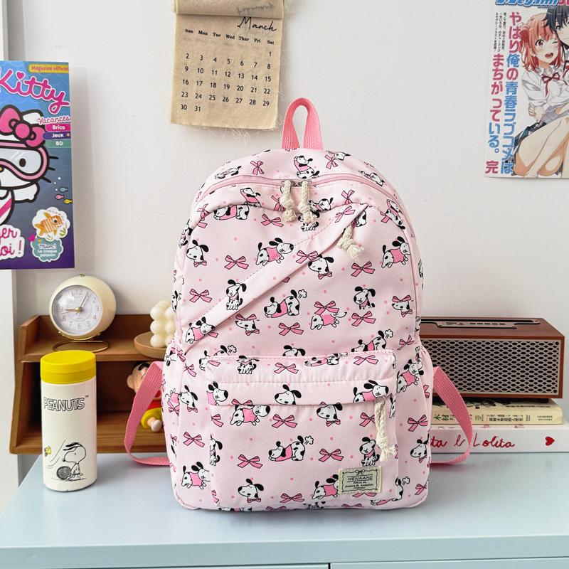 Soft Cute Kuromi Bow Animal Pattern Girl's Backpack Nylon Large Capacity Diagonal Zipper Student Double Backpack Campus Outdoor