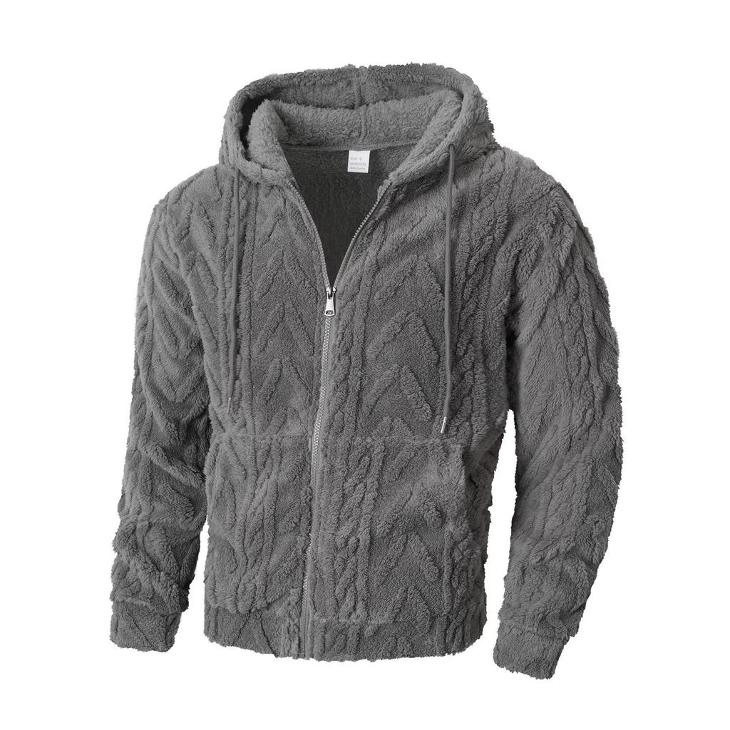 2025 Autumn/Winter European & American Men's Plush Zip-Up Hoodie - Casual Solid Color