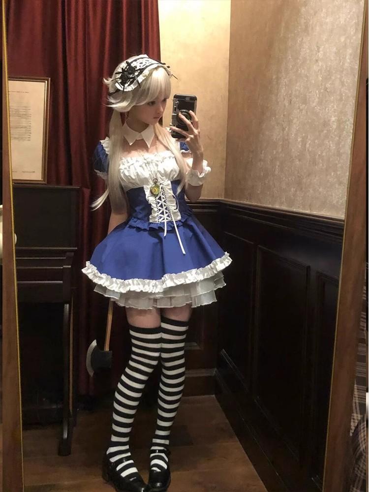 Cute Lolita Angel Maid Dress Cosplay Costume Sweet Girls Anime Maid Waiter Dress With Cross Ruffle Apron