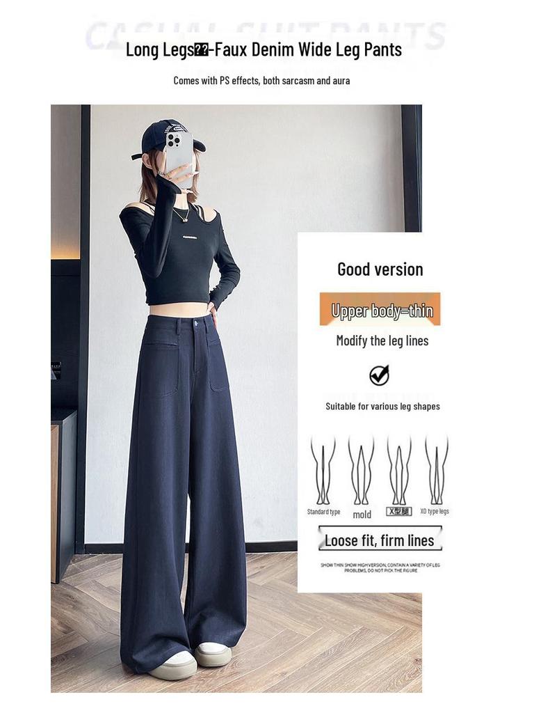 Women's Denim Slim-Fit Wide-Leg Jeans - Blue, Autumn/Winter, Loose, Slimming, Petite Drapey Straight-Leg Casual Pants