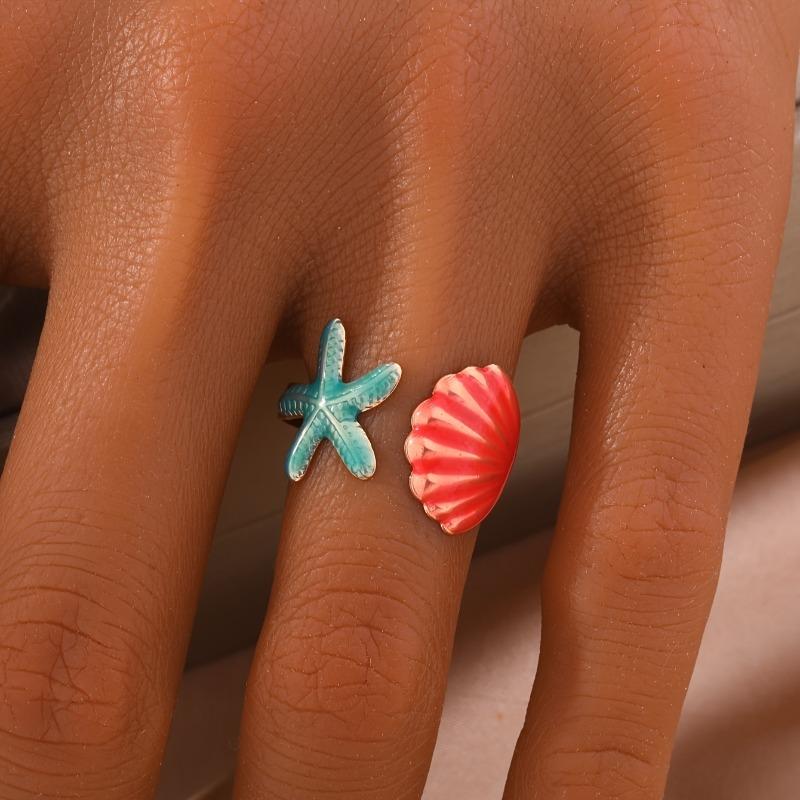 Lucky Star Jewelry Women's Vintage Bohemian Design One Piece Ocean Style Multicolor Metal Starfish Shell Open Ring