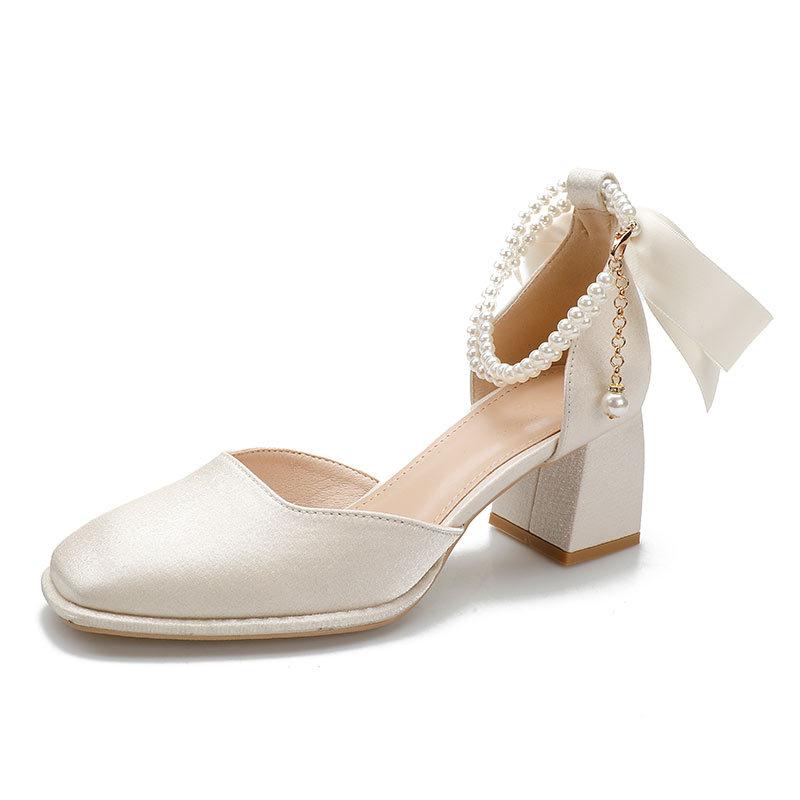 Baotou hollow sandals 2025 new summer square head high heels thick heel red wedding shoes pearl medium heel single shoes