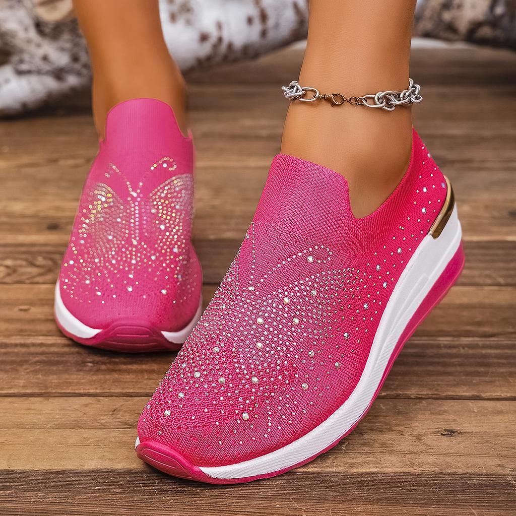 Fashion Women Rhinestone Casual Sneakers Breathable Wedge Women Lightweight Shoes Slip on New Comfortable Spring Mesh Shoes Size 36-43
