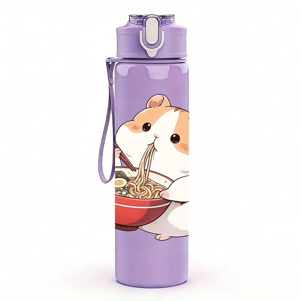 1PC Hamster Eating Noodle Cute Cartoon Print 750ml Color Plastic Sports Water Bottle Leakproof Flip Straw Lid Suitable for Sports Office Home Use
