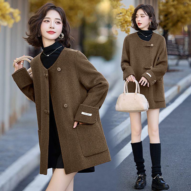 

Women s Mid-Length Double-Faced Wool Coat - Autumn/Winter 2024, Loose Fit with Round Neck and Frog Buttons S for 90-115 lbs